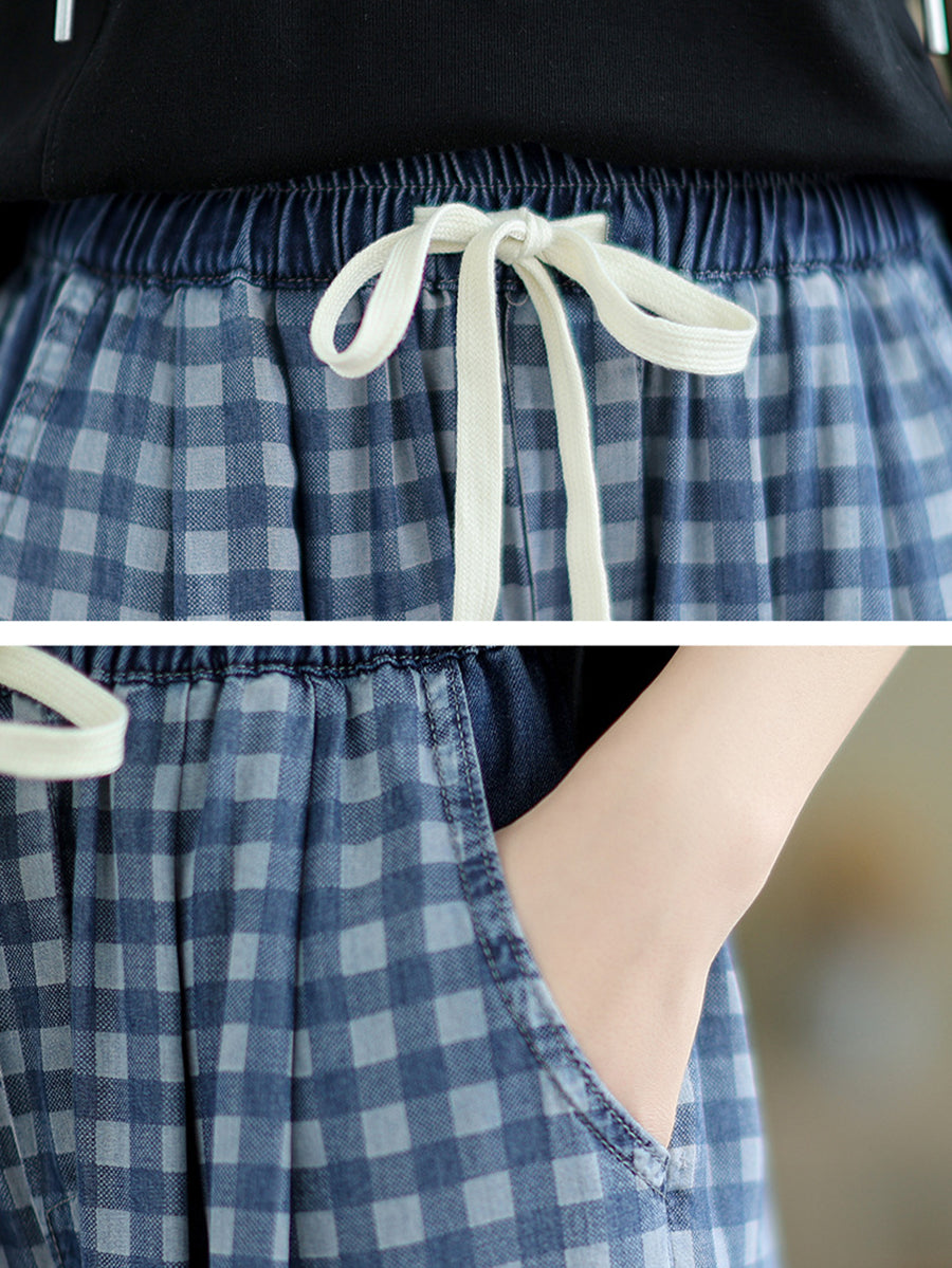 Summer Plaid Wide-leg Cotton Pants Op1028