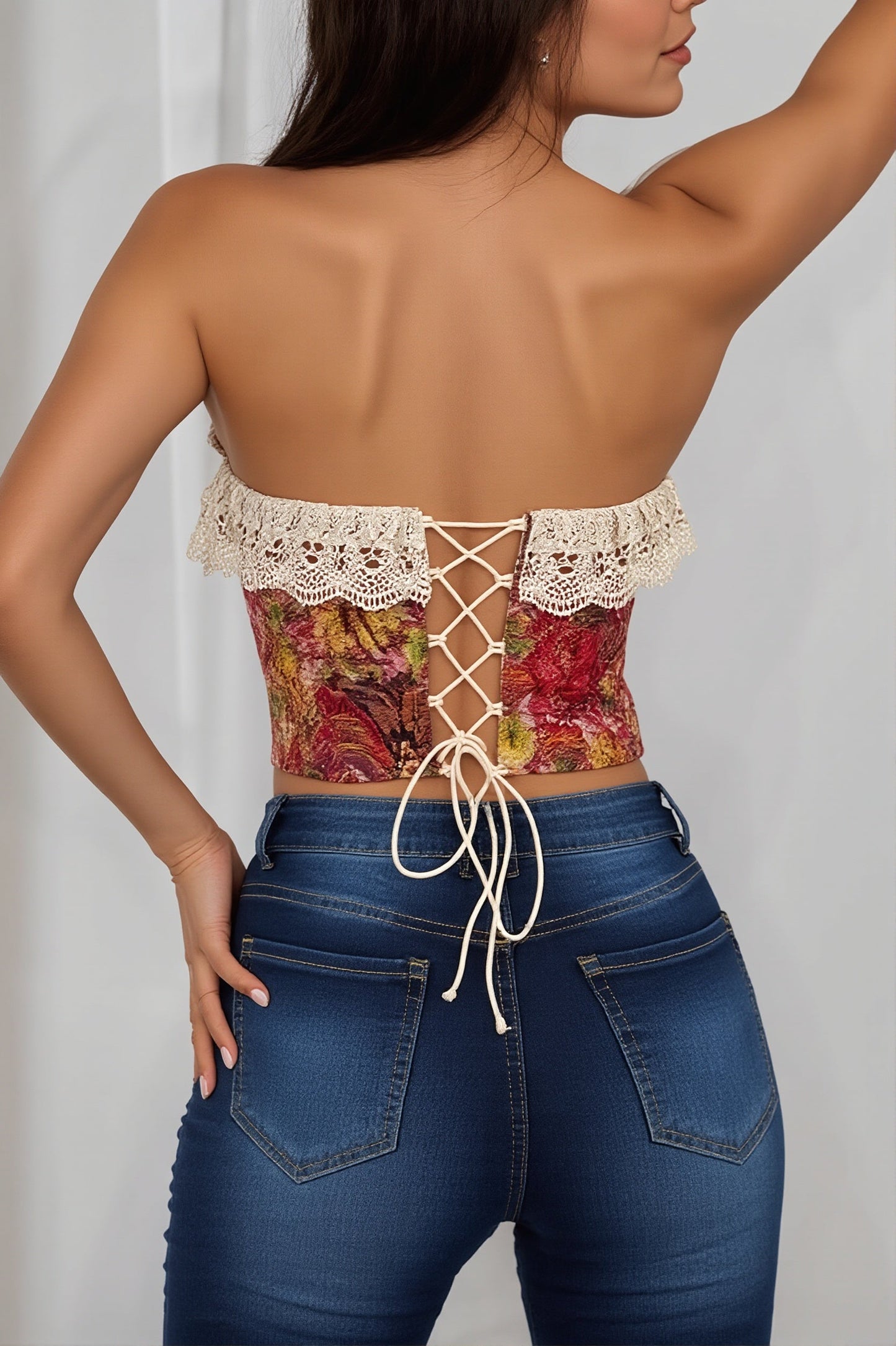 Art Print Lace Panel Boned Jacquard Cami Blouse