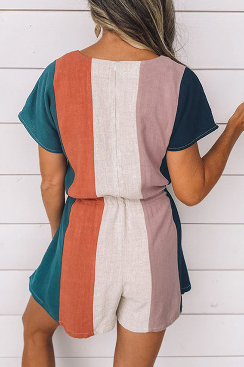 Striped Patchwork V Neck Loose Rompers