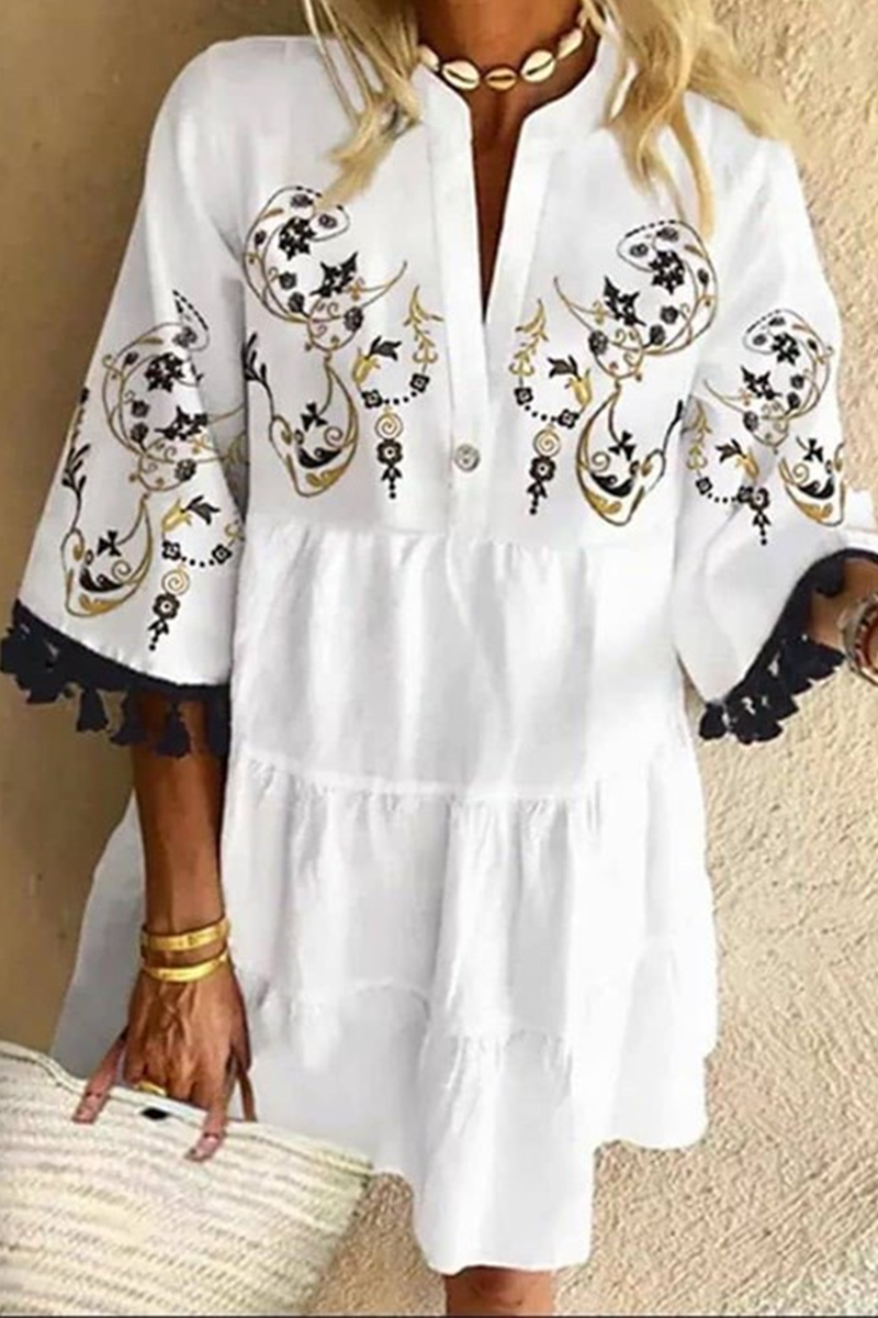 Tassel Buttons V Neck Cake Skirt Dresses