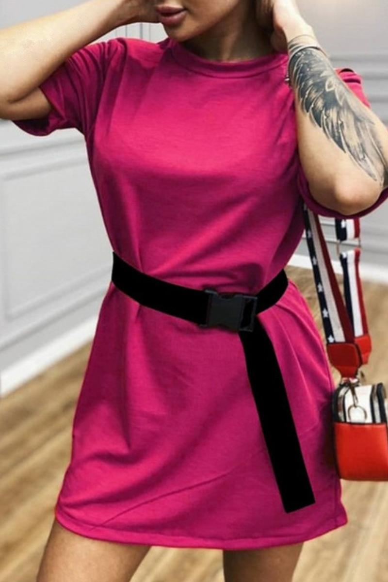Basic With Belt O Neck T-shirt Dress Dresses(5 Colors)