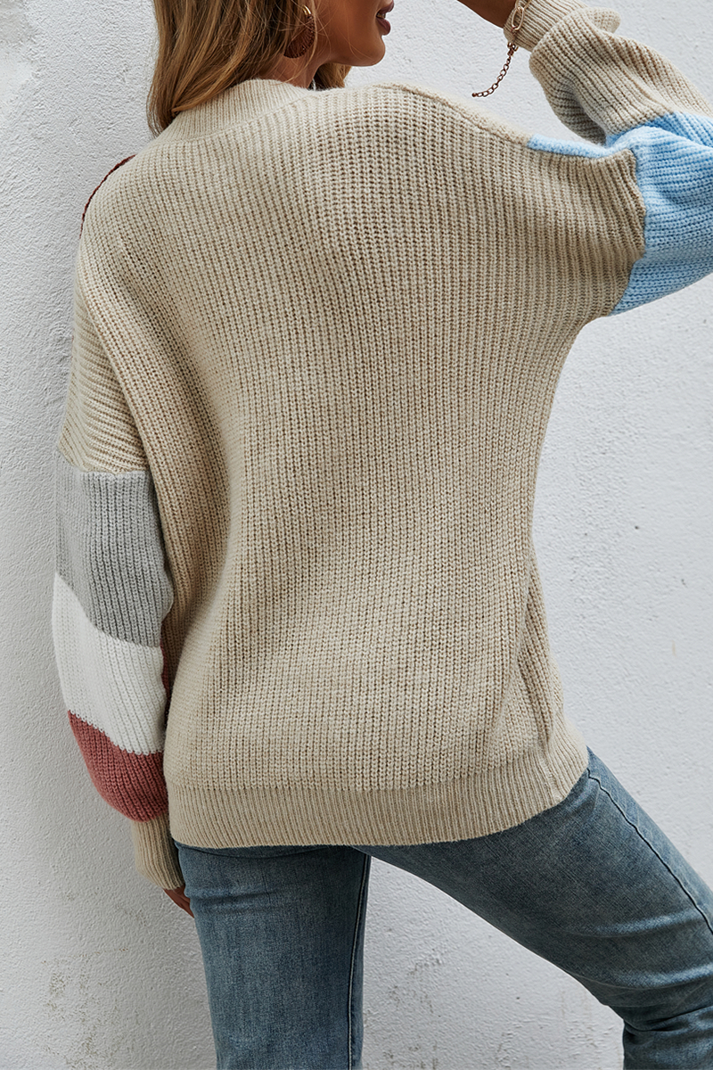Street Color Lump Split Joint Buckle V Neck Tops Sweater