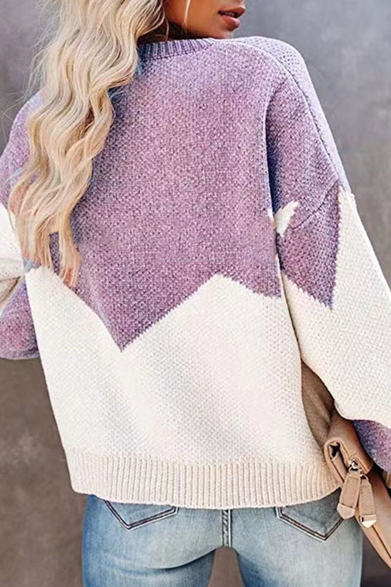 Geometric Contrast O Neck Tops Sweater