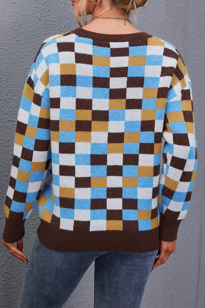 Plaid Patchwork O Neck Sweaters