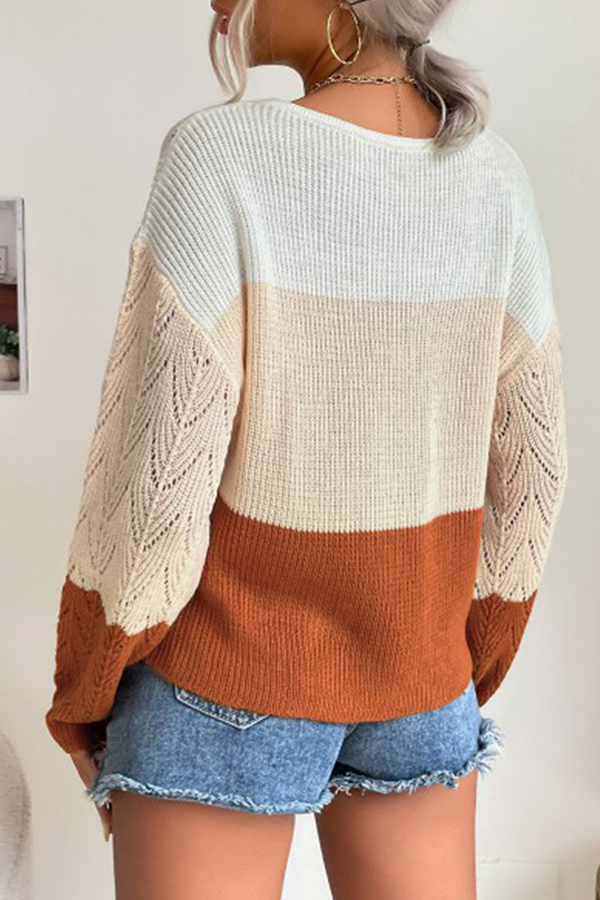 Patchwork Hollowed Out Contrast V Neck Sweater