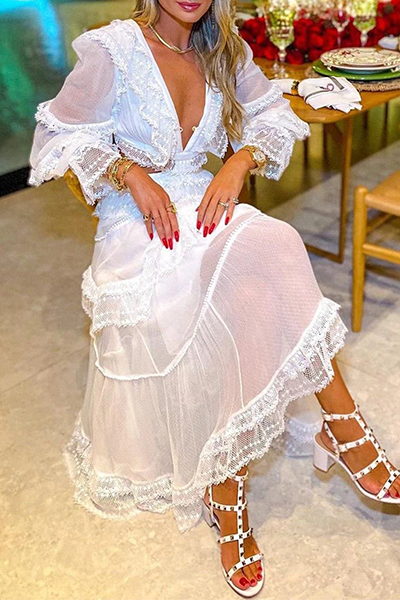 Lace Hollowed Out Flounce Mesh V Neck Waist Skirt Dresses