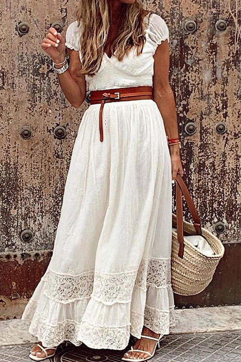 Patchwork V Neck Waist Skirt Dresses