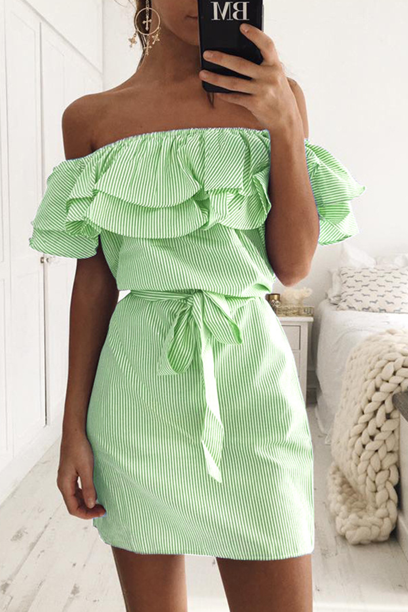 Striped Flounce Off the Shoulder Pencil Skirt Dresses(4 Colors)