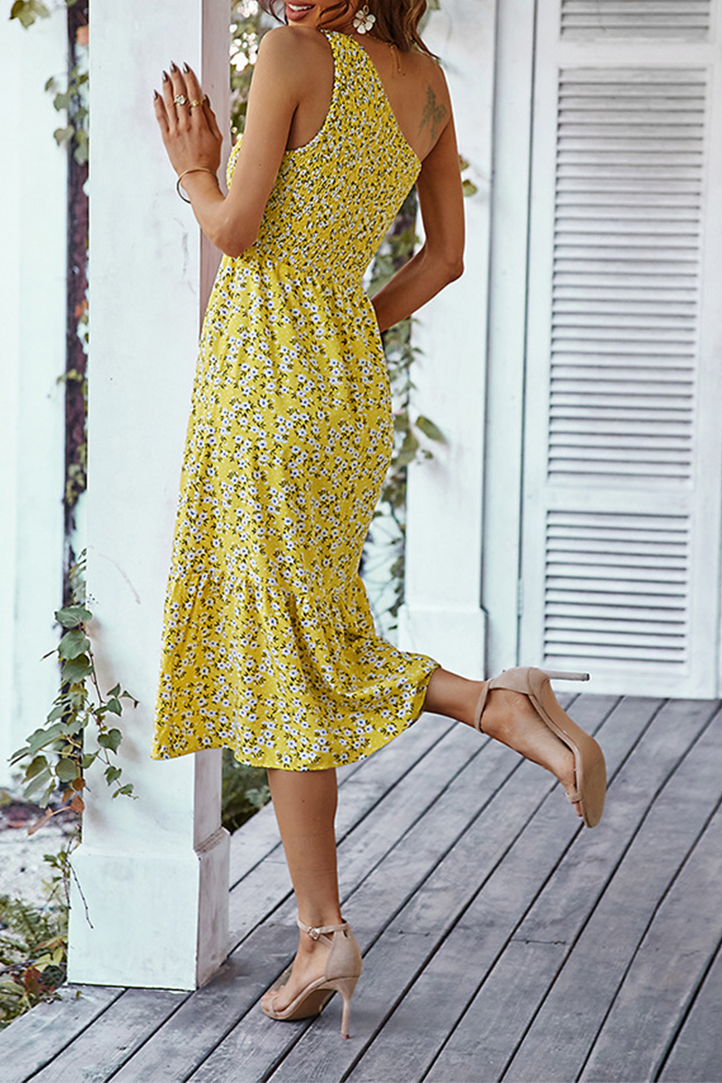 Print Patchwork One Shoulder Cake Skirt Dresses(4 Colors)