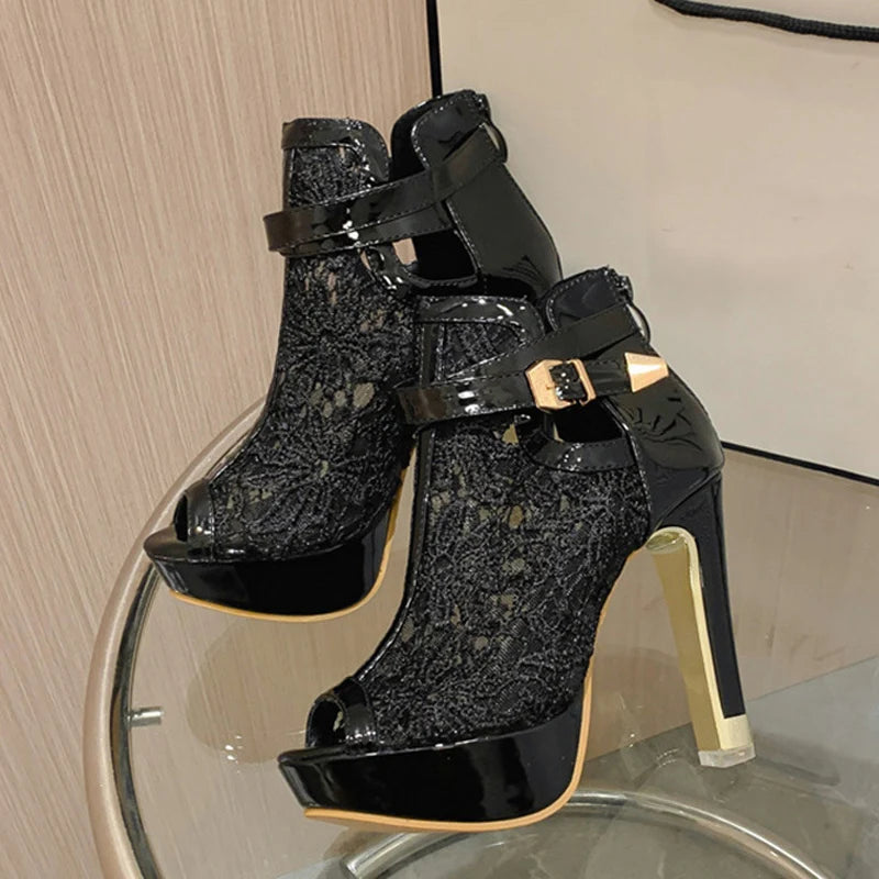 Liyke Size 35-42 Peep Toe Platform High Heels Dance Shoes Female Black White Mesh Summer Boots Sandals Zapatos Mujer