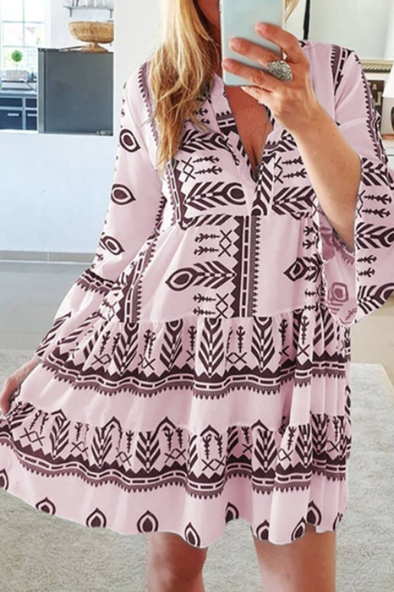 Print Patchwork V Neck Cake Skirt Dresses