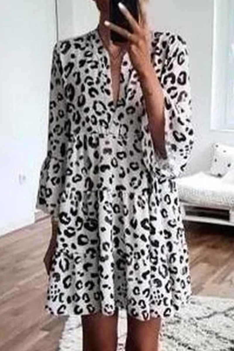 Leopard Patchwork V Neck Cake Skirt Dresses(4 Colors)
