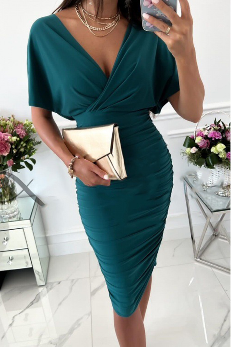Split Joint V Neck Waist Skirt Dresses(5 Colors)