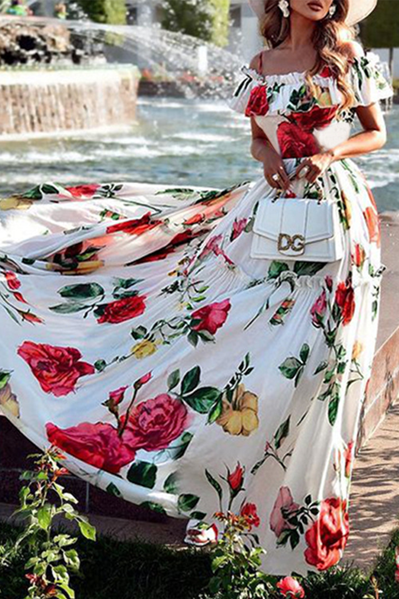 Print Flounce Off the Shoulder Cake Skirt Dresses