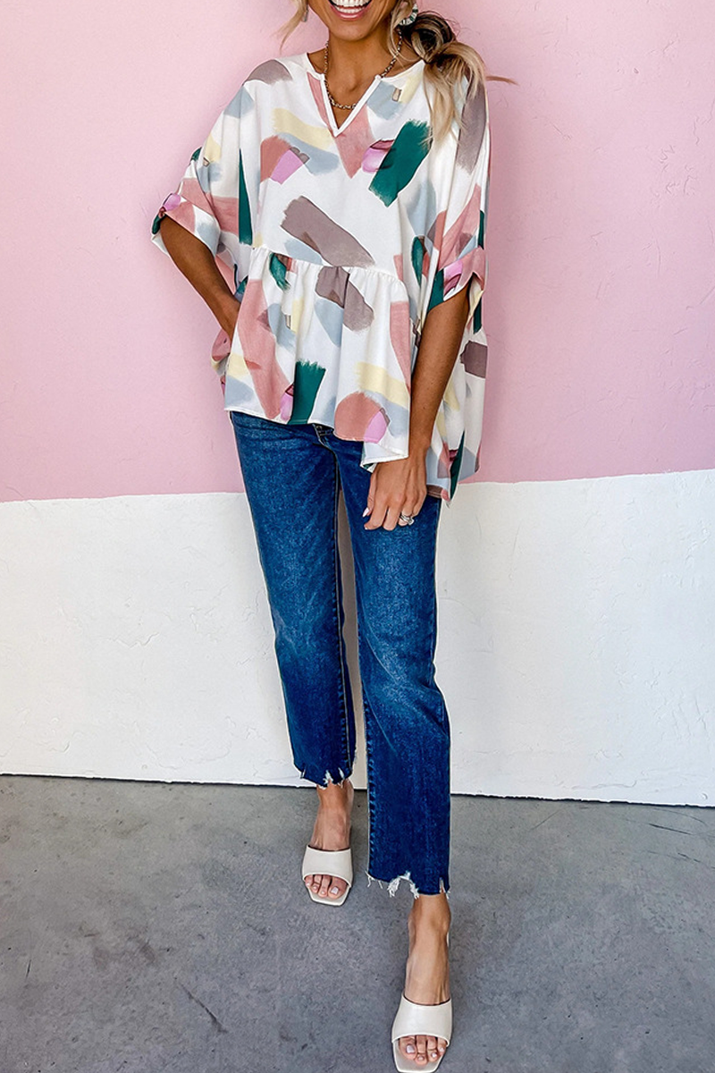 Print Flounce V Neck T-shirts