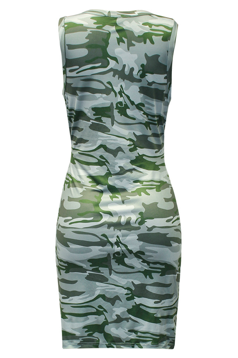 Camouflage Print O Neck Pencil Skirt Dresses