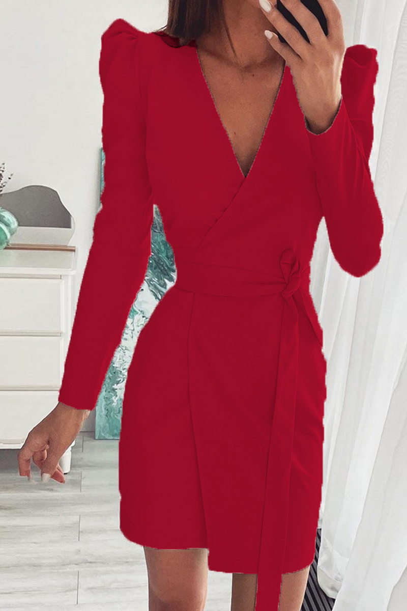 Split Joint V Neck Waist Skirt Dresses(4 Colors)