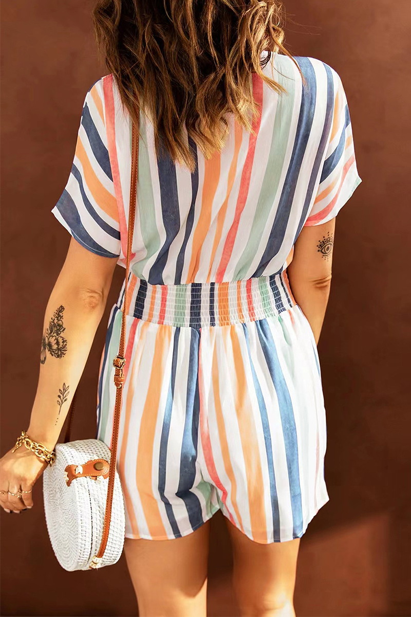 Striped Patchwork V Neck Straight Jumpsuits(5 Colors)