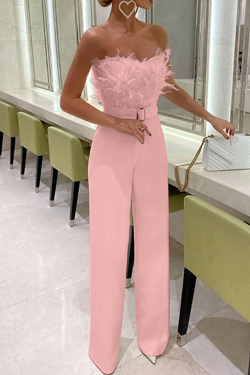 Patchwork Feathers With Belt Strapless Straight Jumpsuits(contain the Belt)(5 Colors)