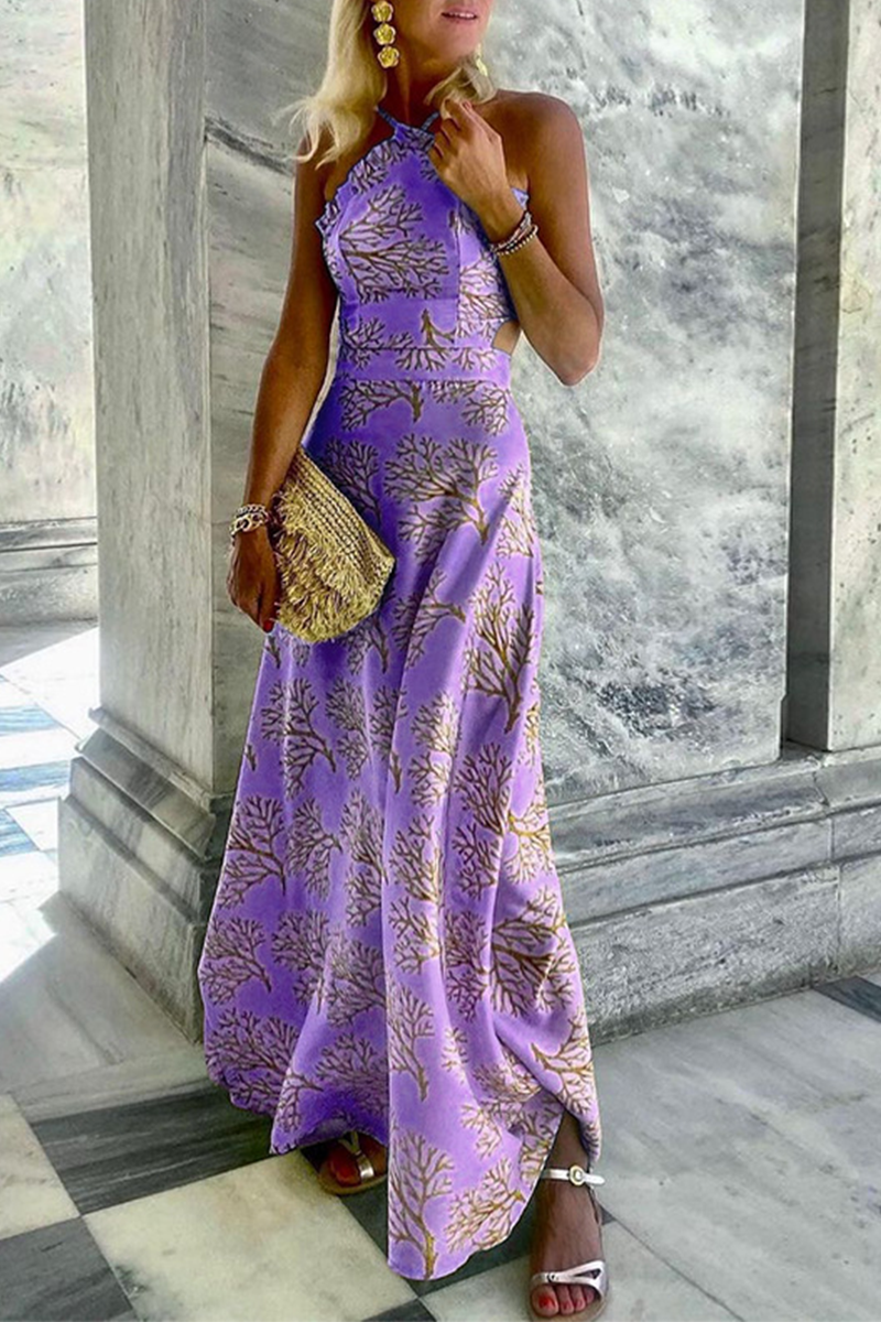Print Patchwork Halter Waist Skirt Dresses(3 Colors)