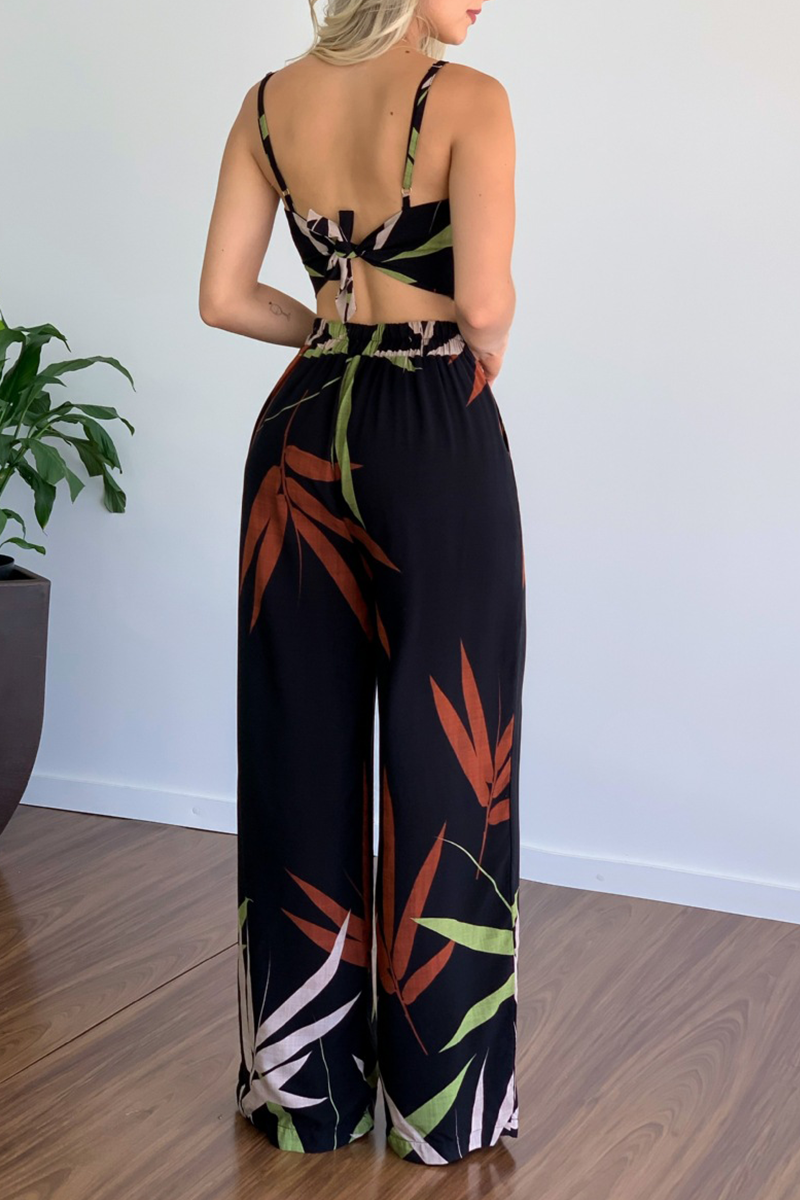 Print Patchwork Spaghetti Strap Straight Jumpsuits(5 Colors)