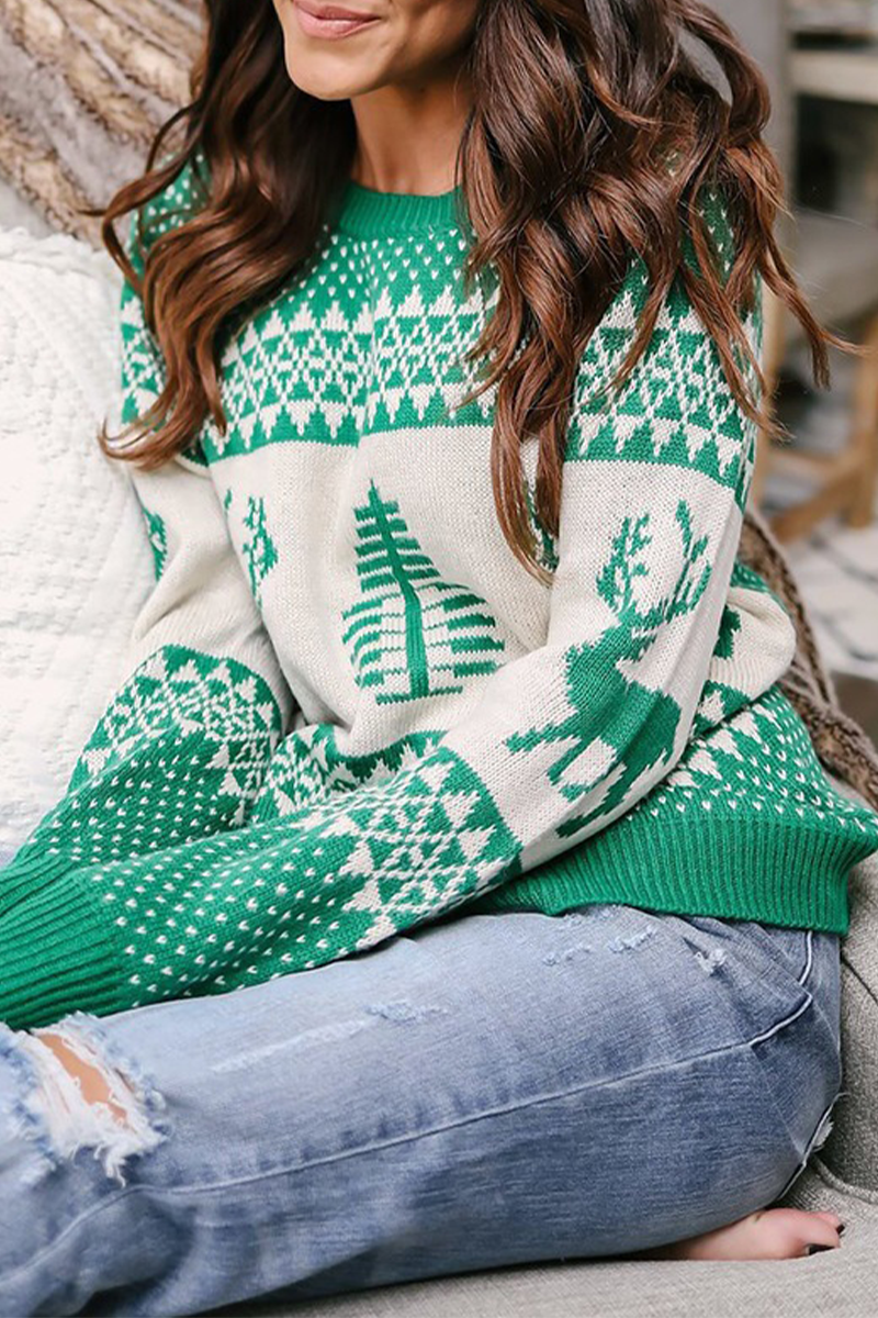 Print Patchwork O Neck Sweaters(3 Colors)