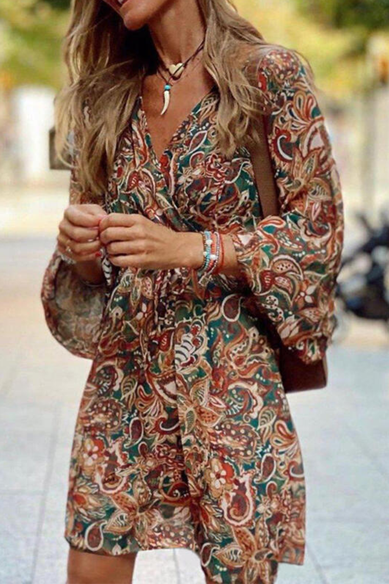 Print Patchwork V Neck Cake Skirt Dresses