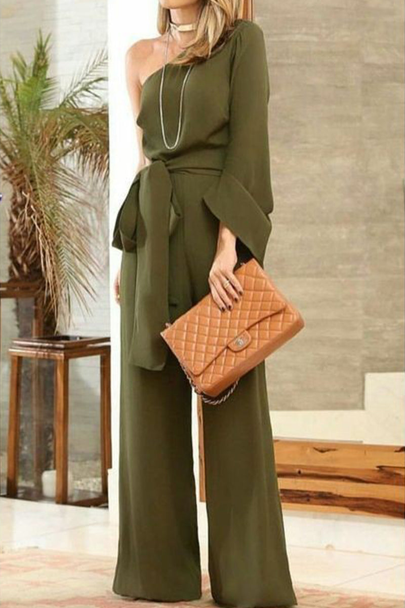 Zipper One Shoulder Straight Jumpsuits