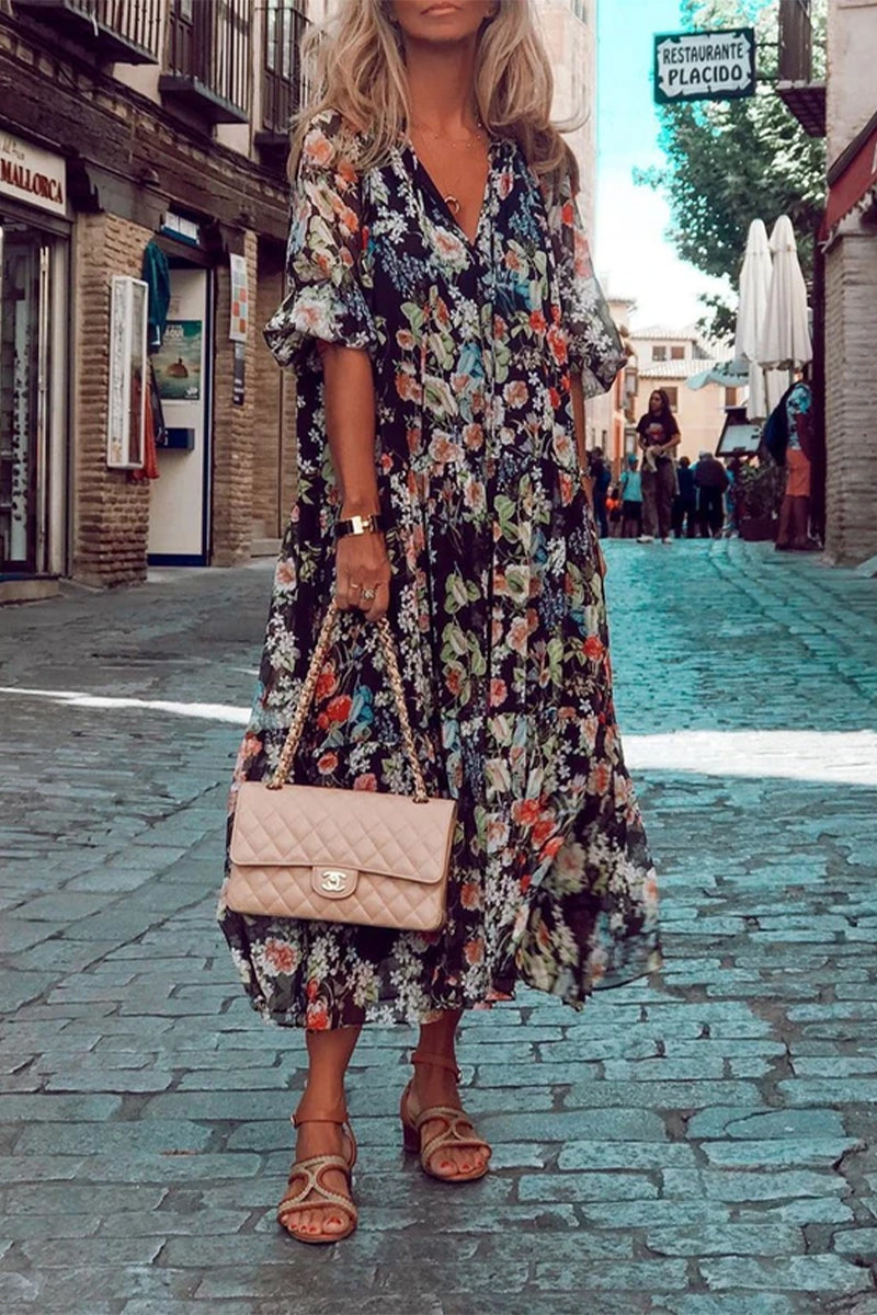 Print Patchwork V Neck Cake Skirt Dresses