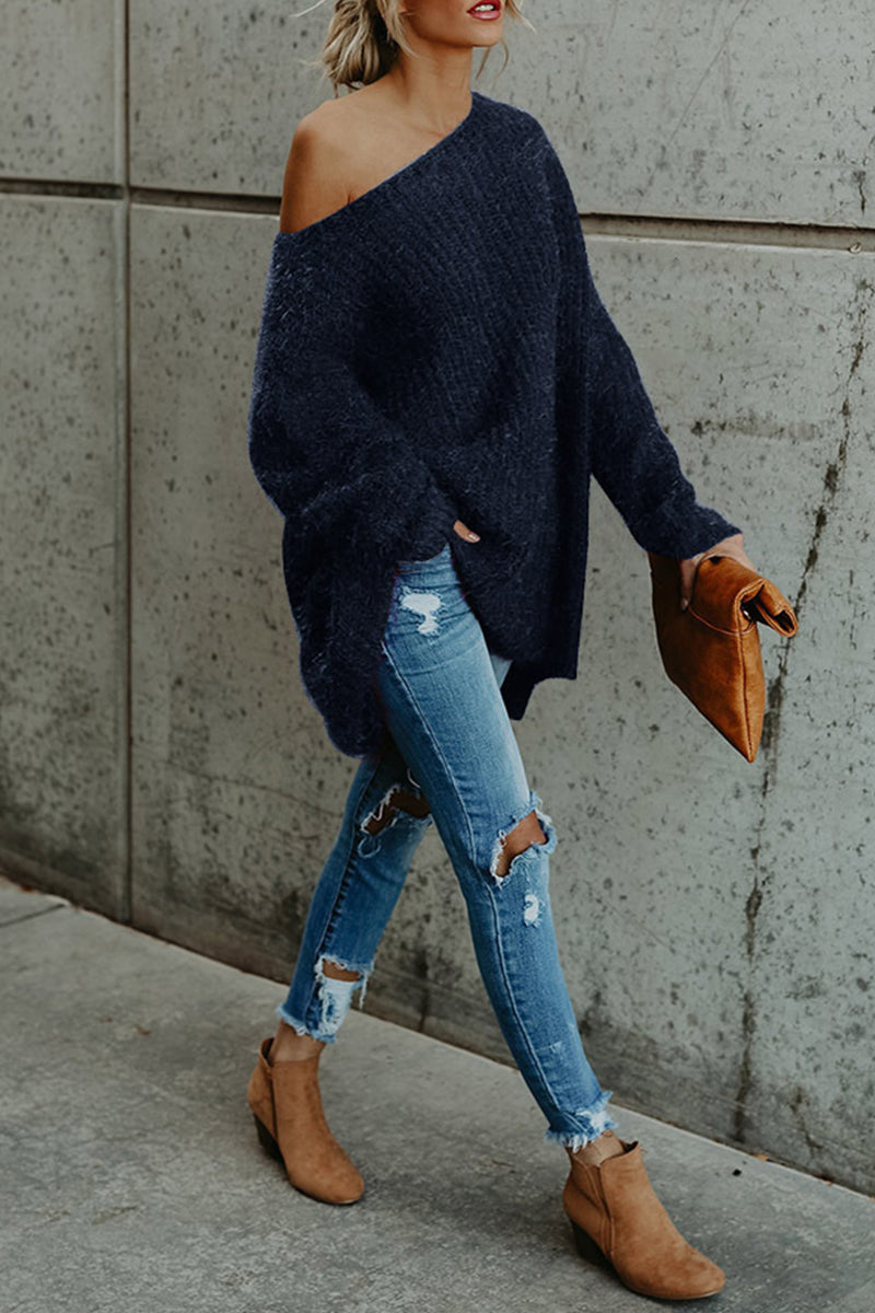 Color Oblique Collar Sweaters