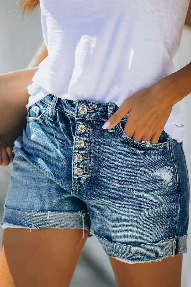 Patchwork Mid Waist Regular Denim Shorts