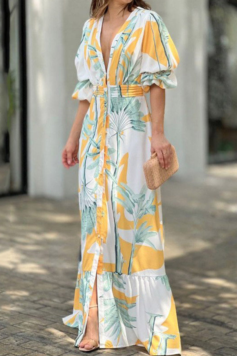 Print Contrast V Neck Waist Skirt Dresses
