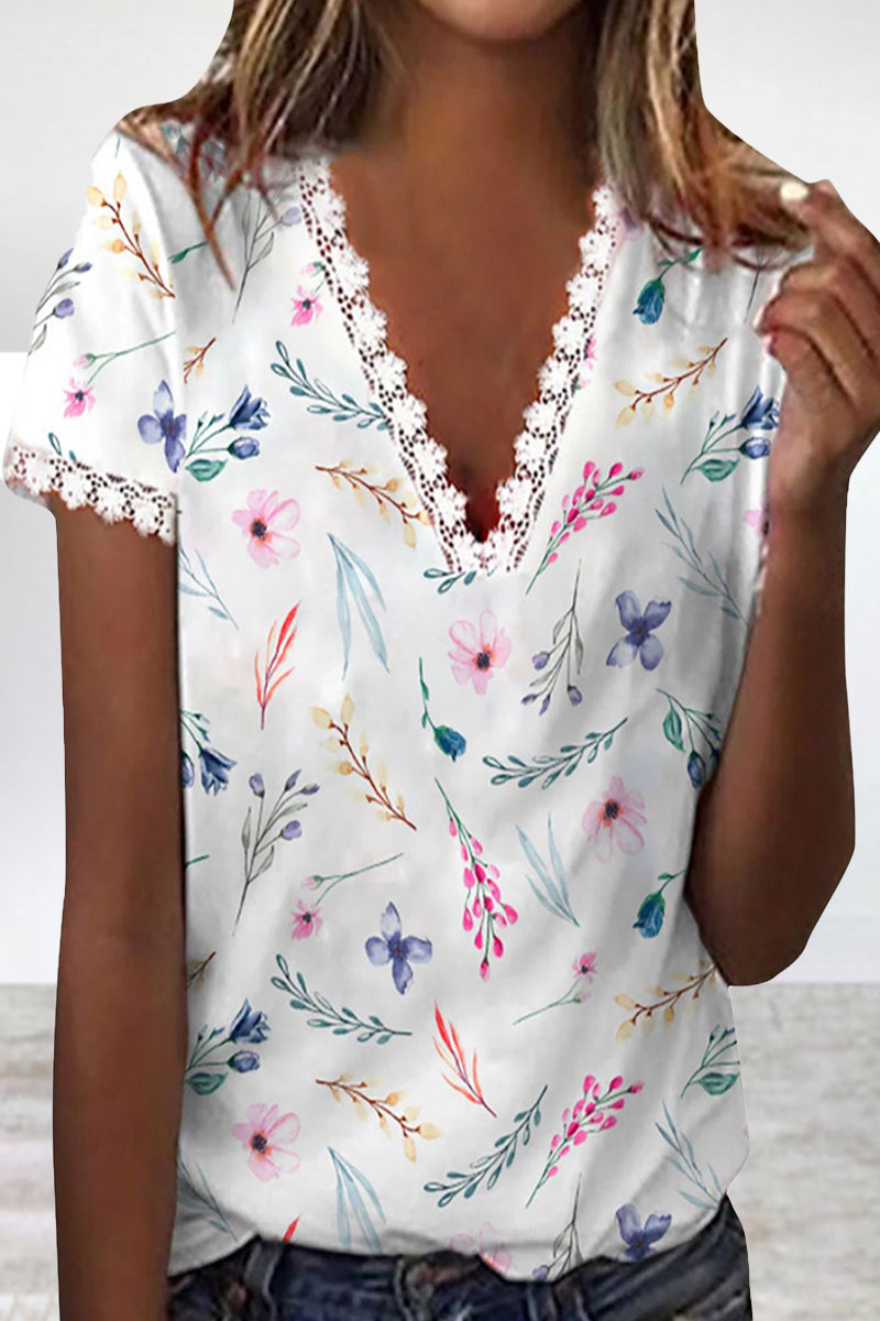 Work Patchwork V Neck T-shirts