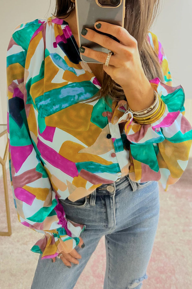 Work Print Patchwork V Neck Blouses