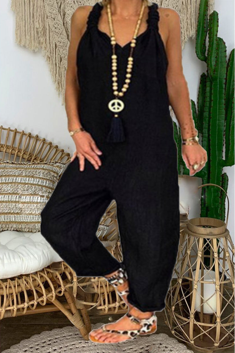 Backless Knotted V Neck Loose Jumpsuits(6 Colors)
