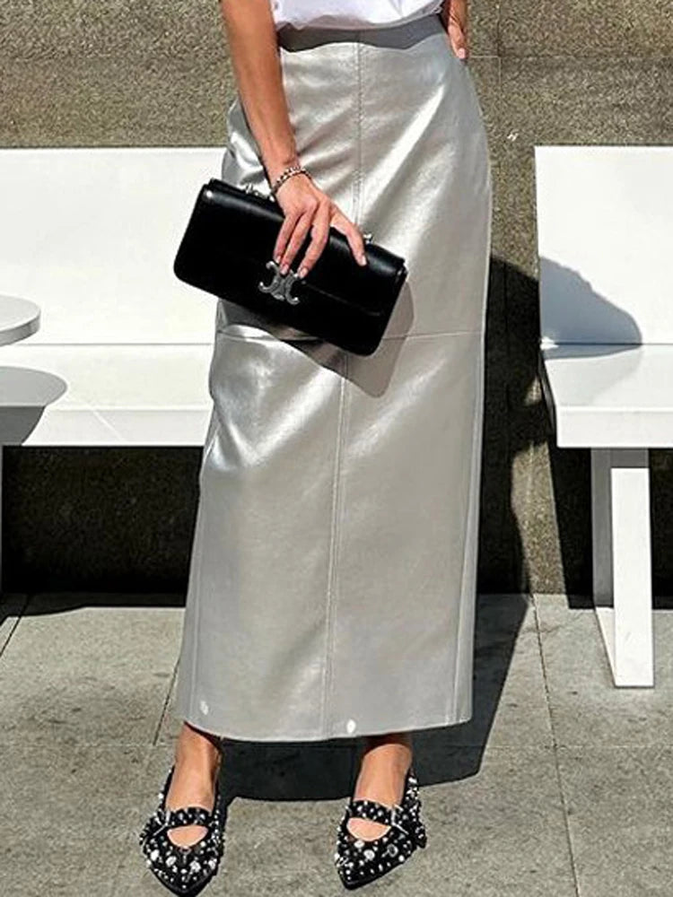Patchwork High Waist Long Skirt Metallic Slim Pu Maxi Dress Female Autumn Maxi Skirt