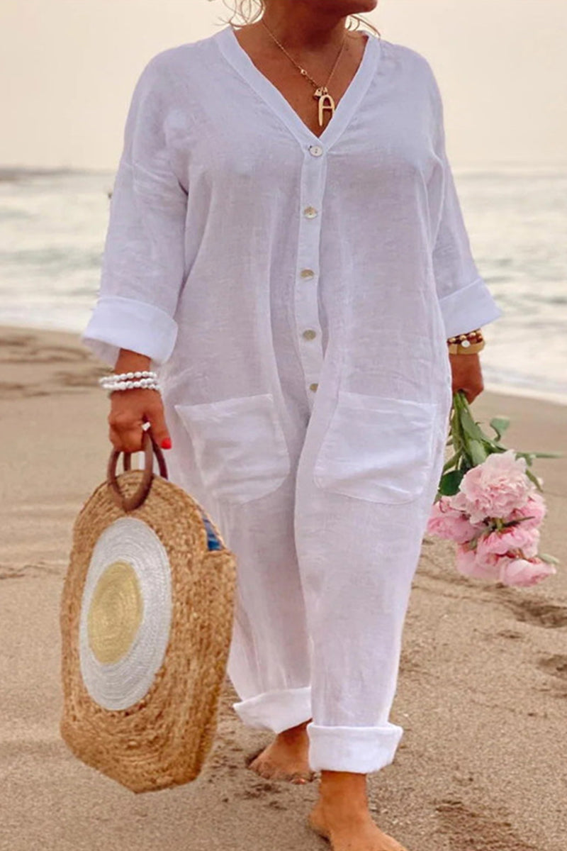 Vacation Pocket Buckle V Neck Loose Jumpsuits
