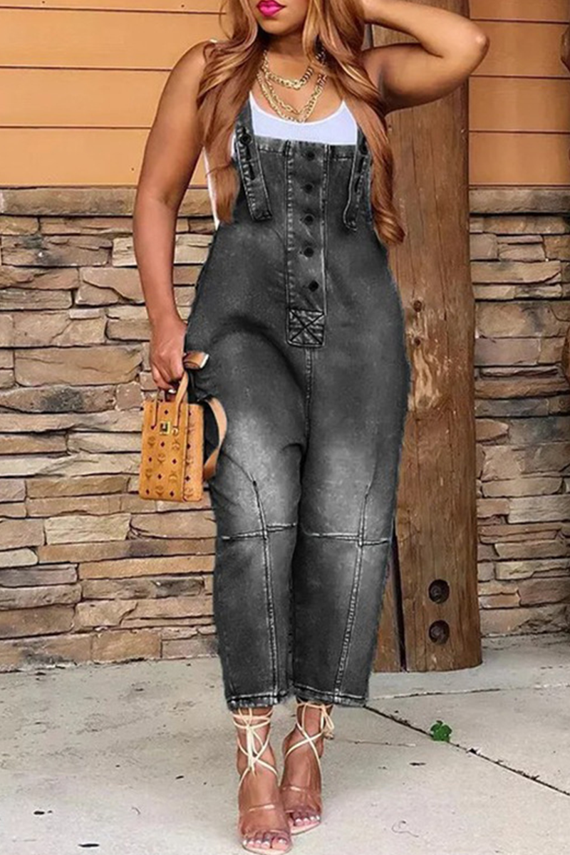 Street Patch Button Square Neck Pocket Straight Jumpsuit
