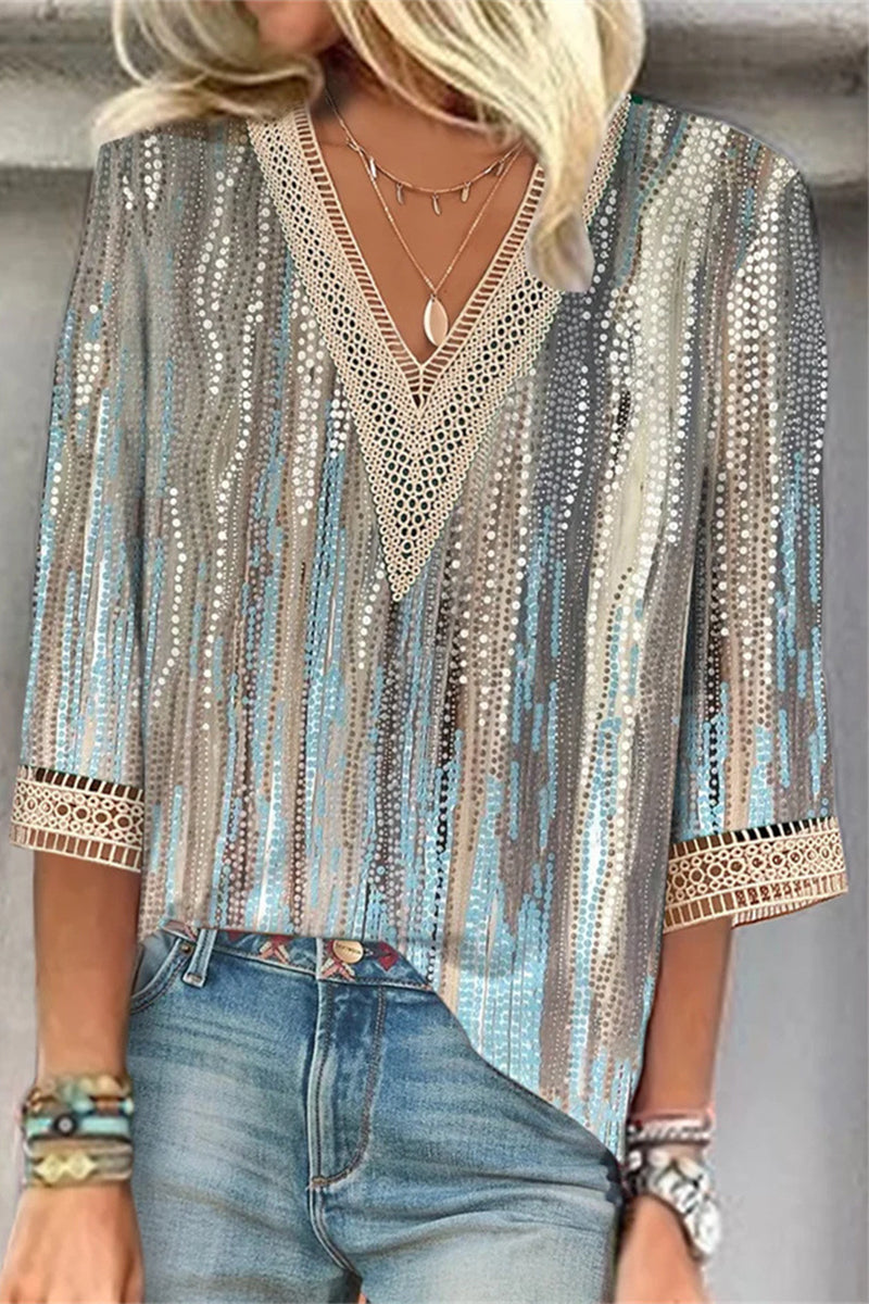 Street Print Patchwork V Neck T-shirts