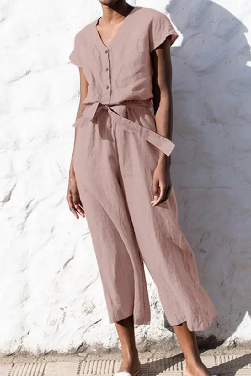 British Style Frenulum V Neck Loose Jumpsuits