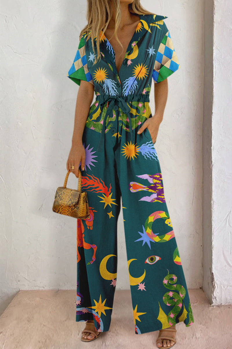 Print Pocket Turndown Collar Loose Jumpsuits