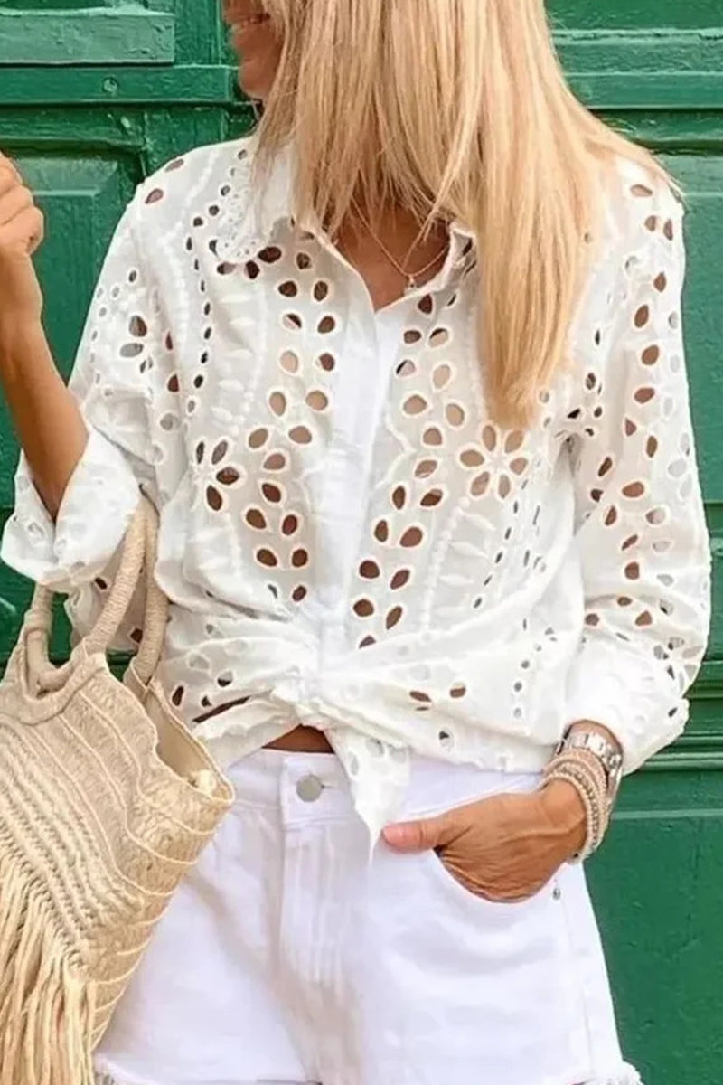 Hollowed Out Turndown Collar Blouses
