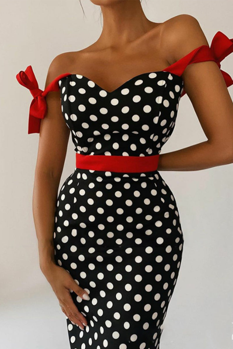 Polka Dot Contrast Off the Shoulder One Step Skirt Dresses