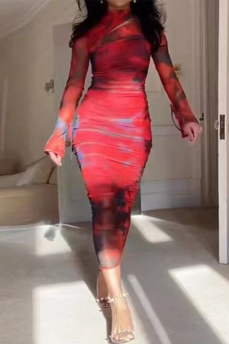 Gradual Change Printing Turtleneck One Step Skirt Dresses
