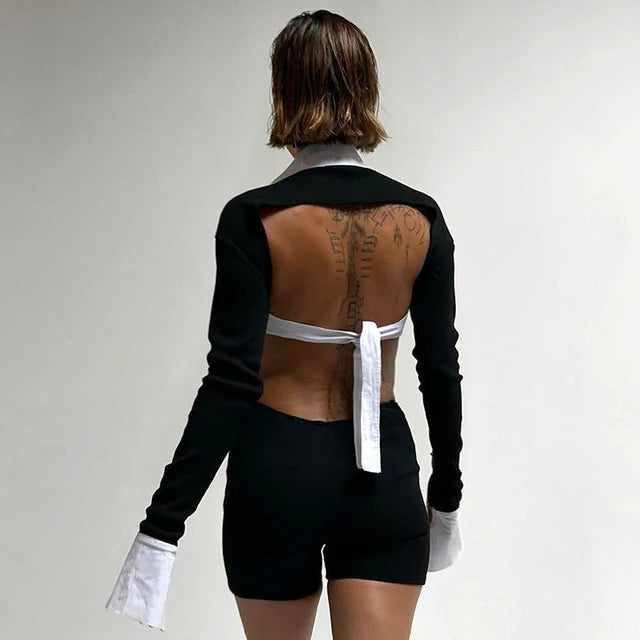 Black Commuter Bodycon Crash Color Polo Collar Split Long Sleeve Skinny Short Jumpsuit Hollow Street Jumper