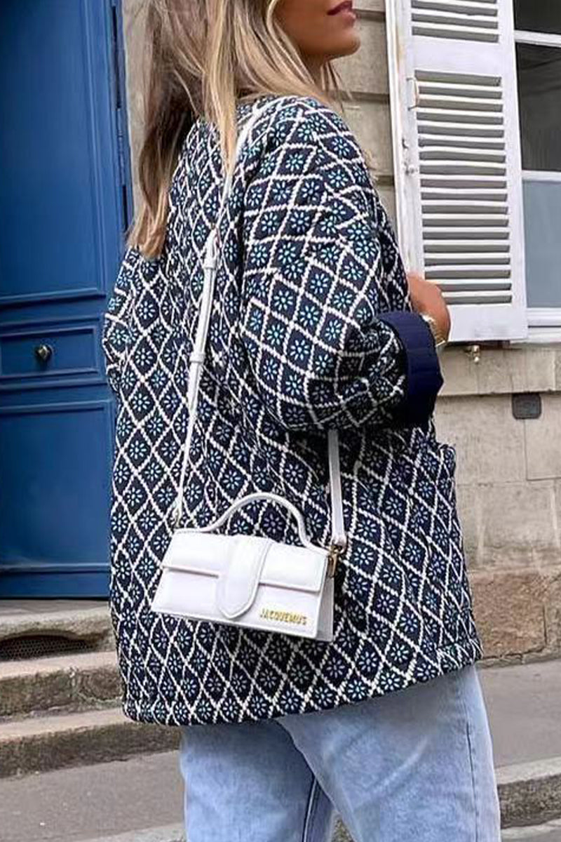 Geometric Patchwork Pocket Cardigan Collar Outerwear