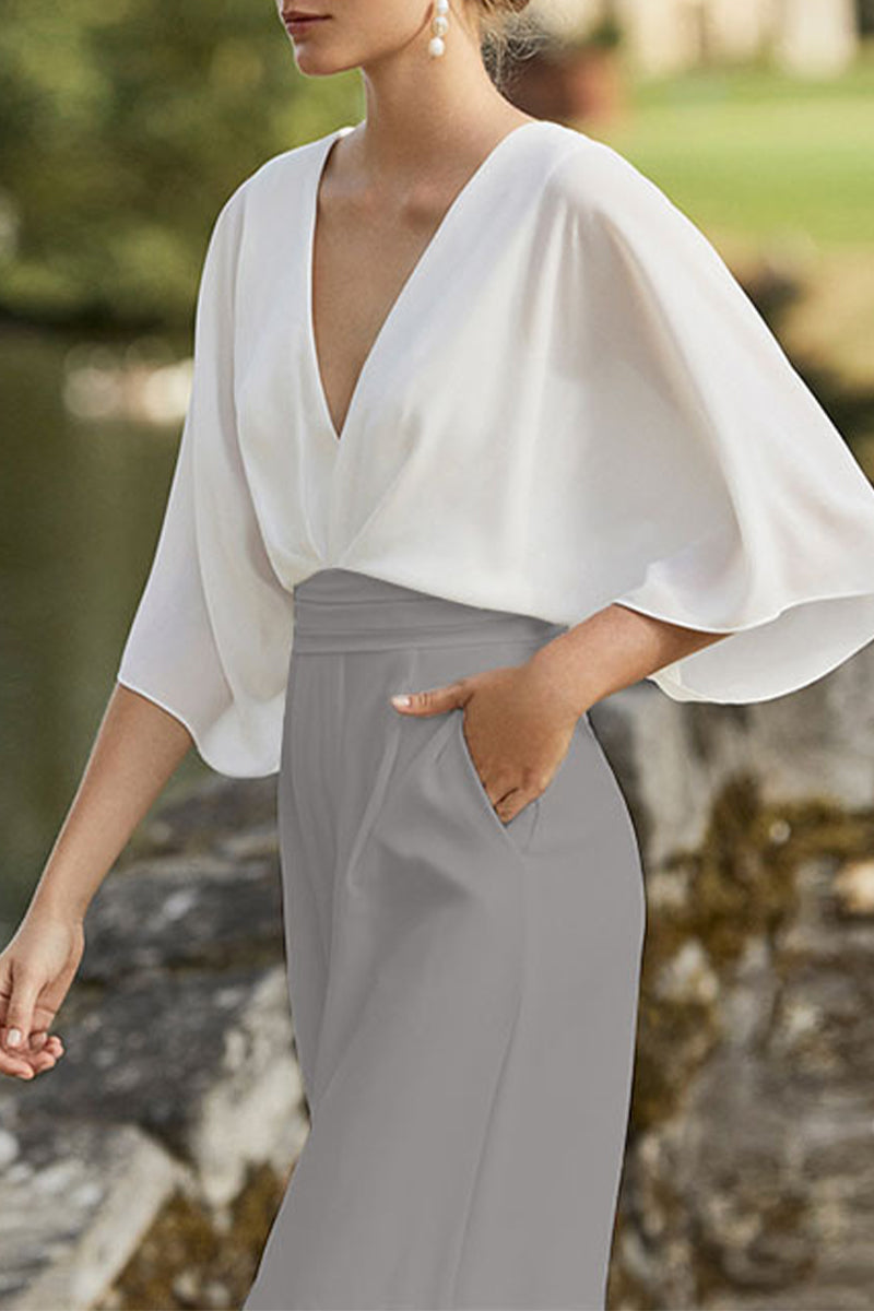 British Style Color Block Pocket Contrast V Neck Loose Jumpsuits