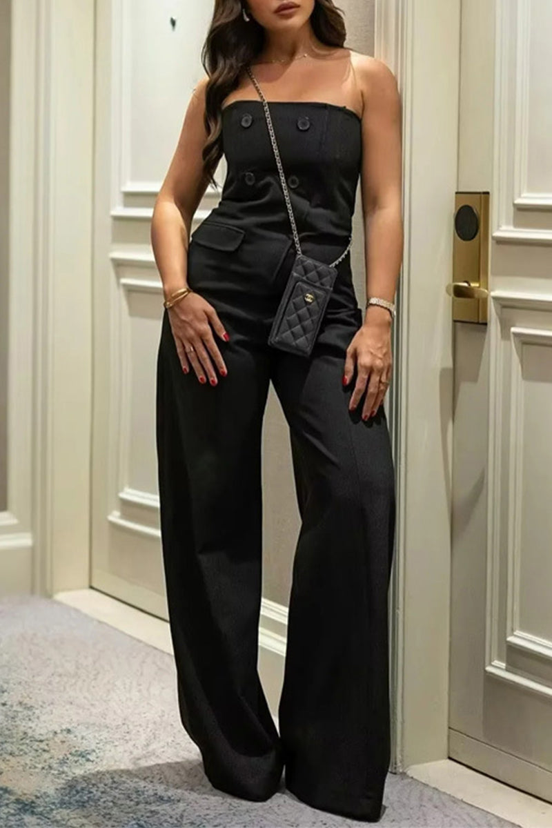 British Style Buttons Strapless Regular Jumpsuits