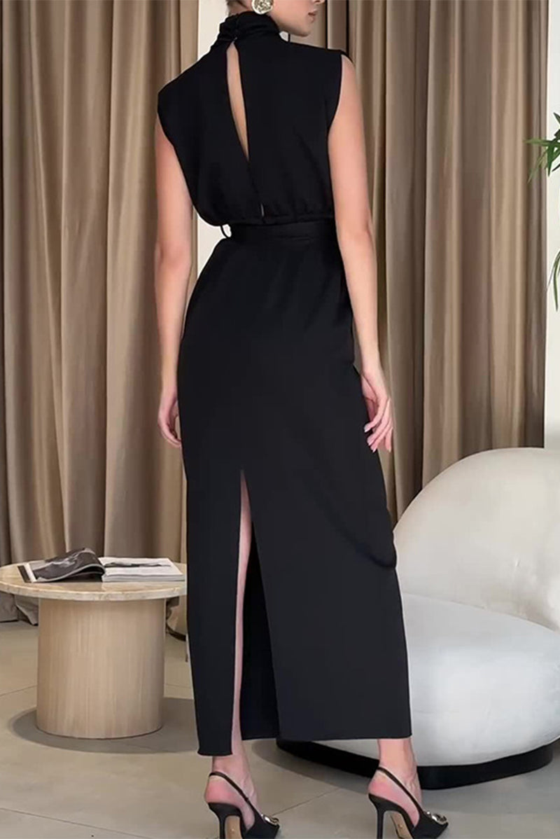 Slit With Belt Half a Turtleneck One Step Skirt Dresses