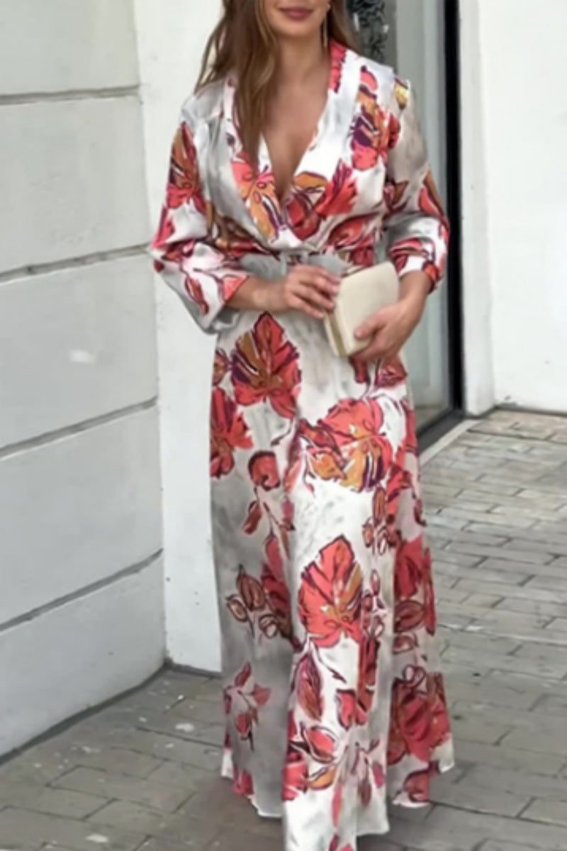 Print Patchwork V Neck Long Dresses